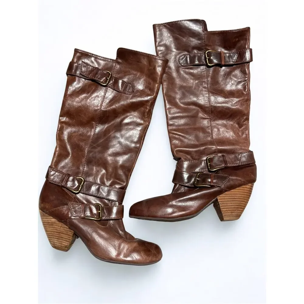 Aldo Brown Leather Slouch Calf Boots Buckle Details Size 9